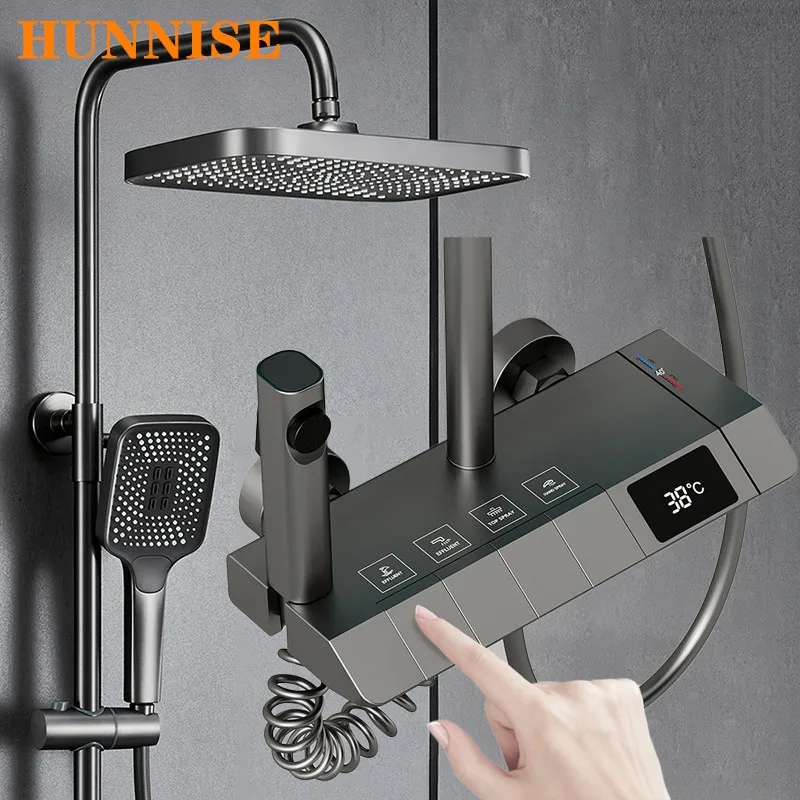 

Grey Digital Bathroom Shower Set HUNNISE Solid Brass Hot Cold Bathtub Mixer Faucets Tap Luxury Gray Piano Bath Shower System
