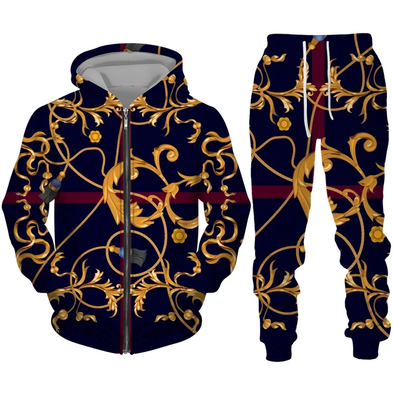 2023 Mode Luxe Keten Serie 3d Print Rits Hoodie Broek Tweedelige Set Hiphop Streetwear Trainingspak Mannen/Vrouwen Kleding Pak