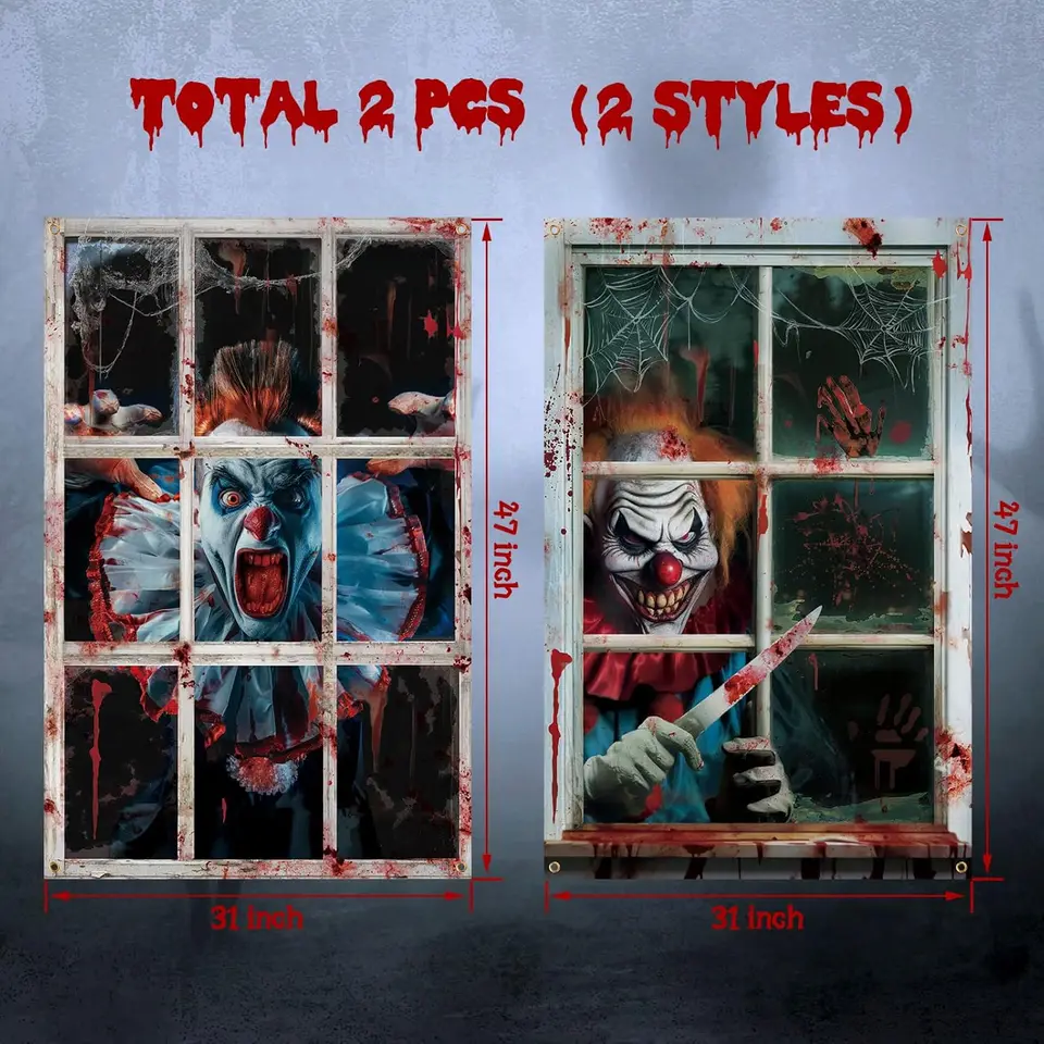 2 Rideaux Effrayants Halloween - Clown Horreur 120x80 Cm - Déco Fenêtre Maison Hantée - Pour Fête & Carnaval