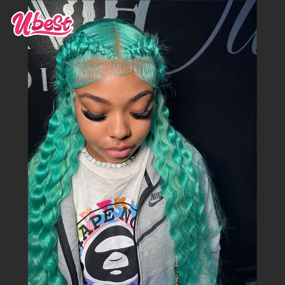 13X6 Turquoise Cyan Wig Human Hair Colored Loose Deep Wave 13x4 Lace Front Human Hair Wigs for Women