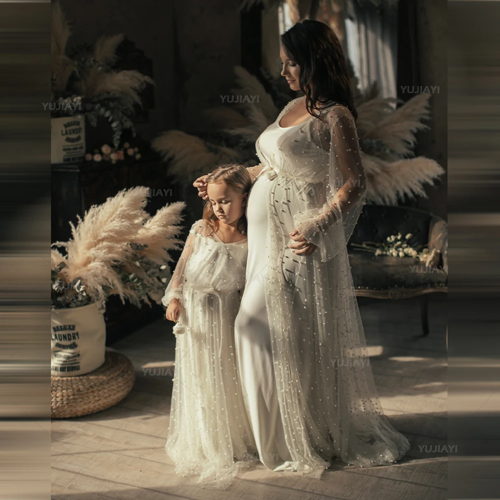 

Pearl Tulle Dress Mommy and Me Matching Dresses Boho Wedding Party Mother and Daughter Girls Family Outfit Photography Prom Gown