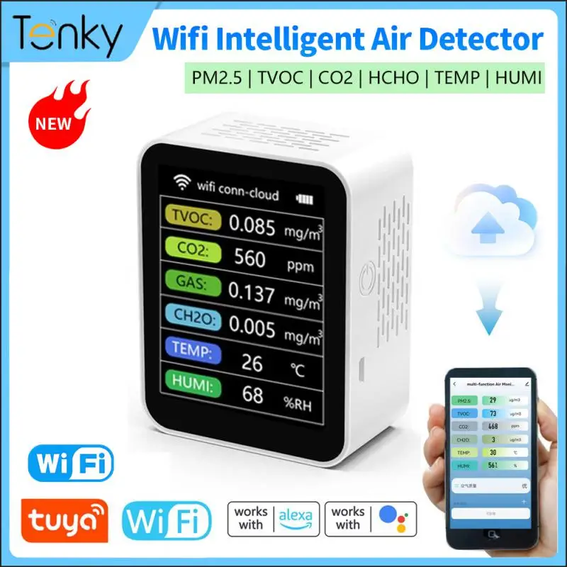 

Tuya WiFi 6 In 1 Air Quality Detector Portable Multifunctional VOC/NDIR Sensor PM2.5 CO2 Gas CH2O Temperature Humidity Detecting