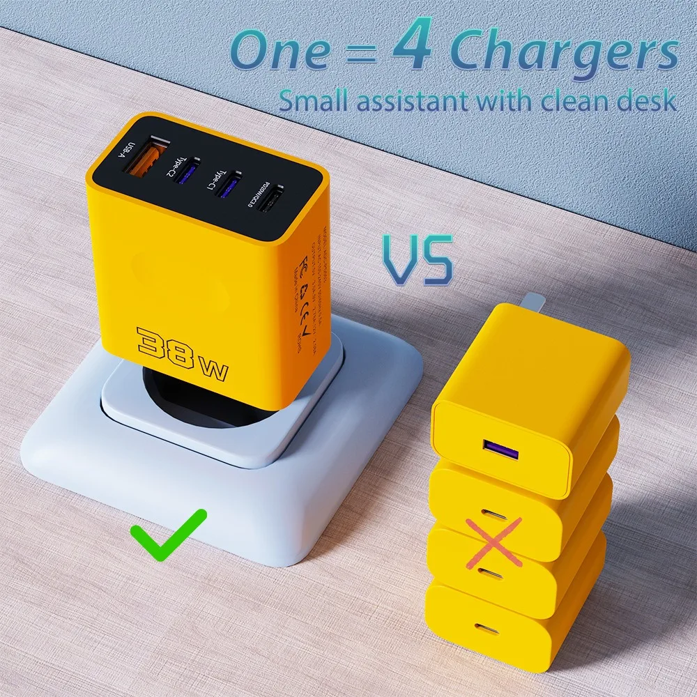 4 Ports PD Charger 38W USB Fast Charging Quick Charger 3.0 Type C Mobile Phone Adapter For iPhone 15 Samsung Xiaomi Huawei