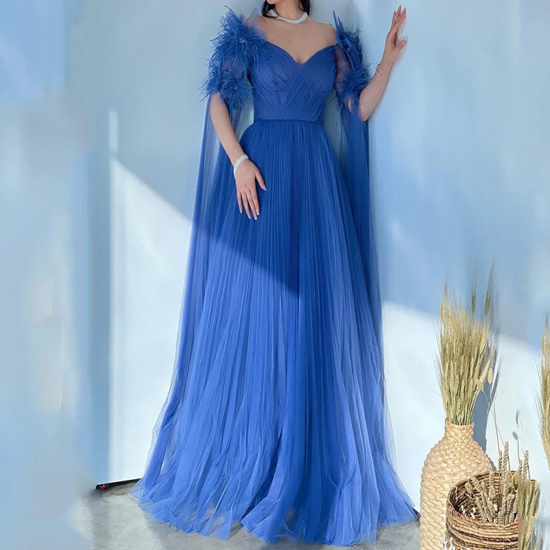

Sexy Sea Blue A Line Chiffon Dubai Evening Dresses Pageant For Women V-Neck Feather Long Shoulder Straps Formal Prom Gowns