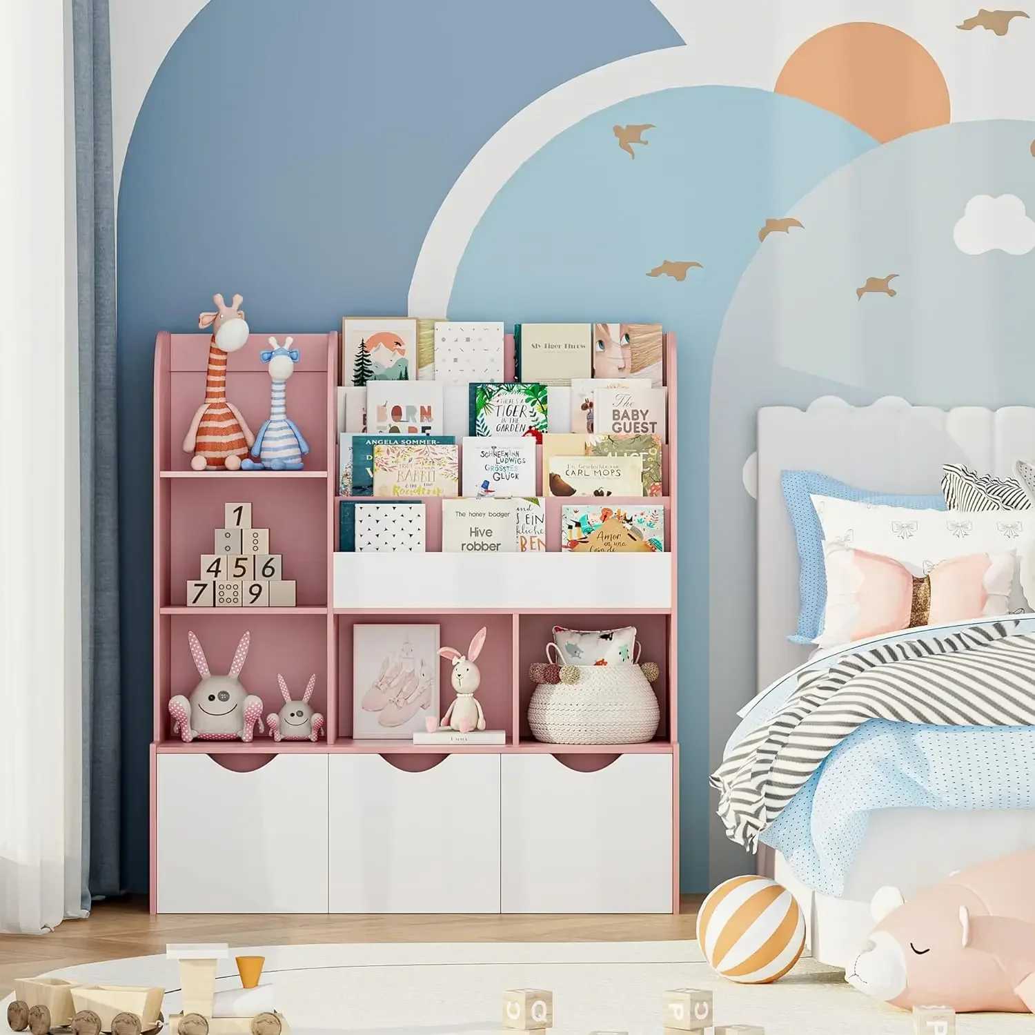 A 47'' Kids Bookcase and Bookshelf, Multifunctional Bookcase with 5 Storage Cubbies and 3 Movable Drawers, Bookcase Organizer