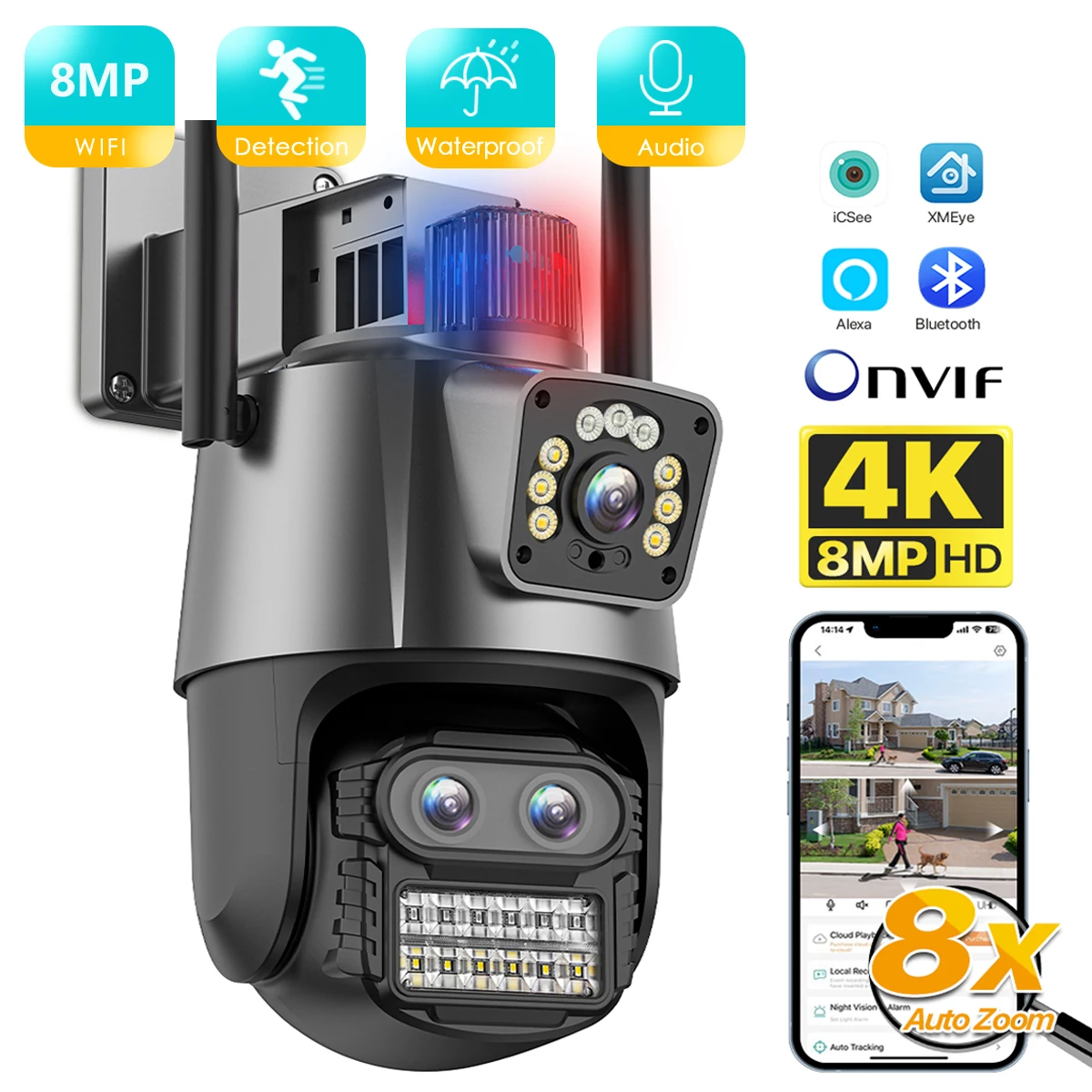 

4K 8MP WIFI Camera Outdoor 8X Zoom Three Lens Dual Screen Audio Home Security PTZ Camera Auto Tracking CCTV Video Surveillance