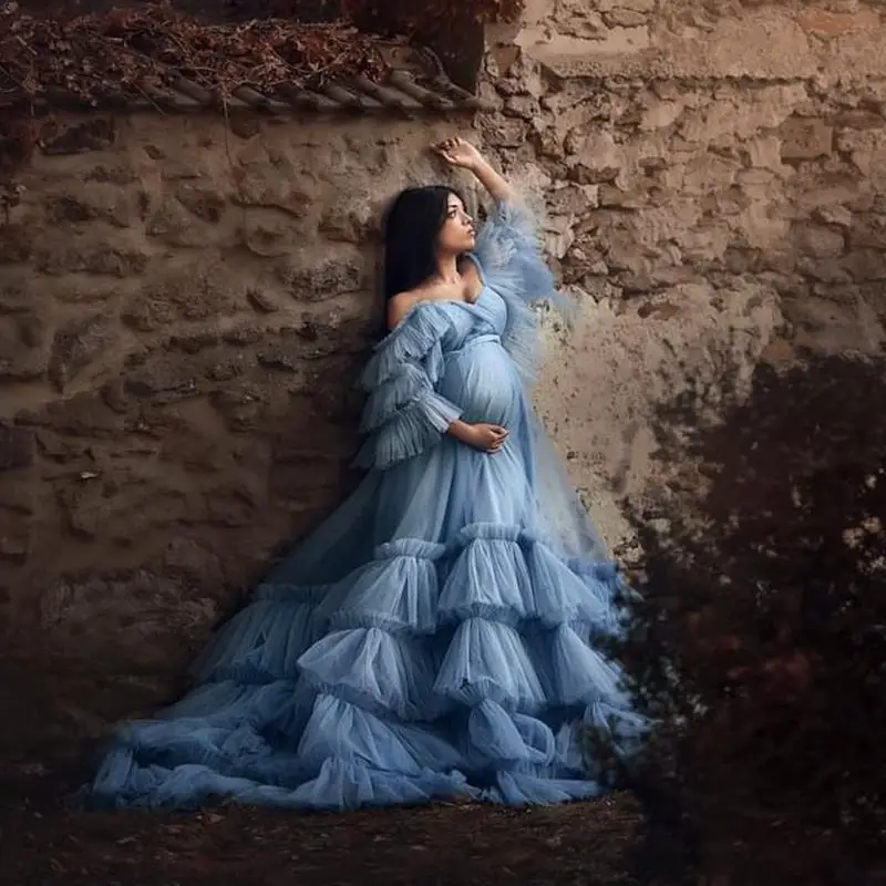 Vestido de maternidad de tul de perlas para sesión de fotos, manga larga hinchada, hombros descubiertos, Babyshower, vestidos de novia para el embarazo