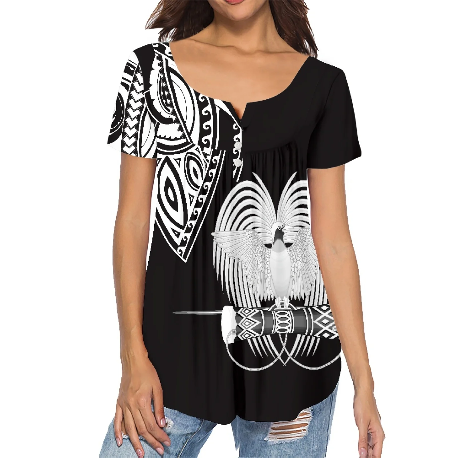 

Лидер продаж, Женский Топ с плиссированной застежкой в виде полинезийского островка, дышащий пикантный и очаровательный летний галстук с коротким рукавом