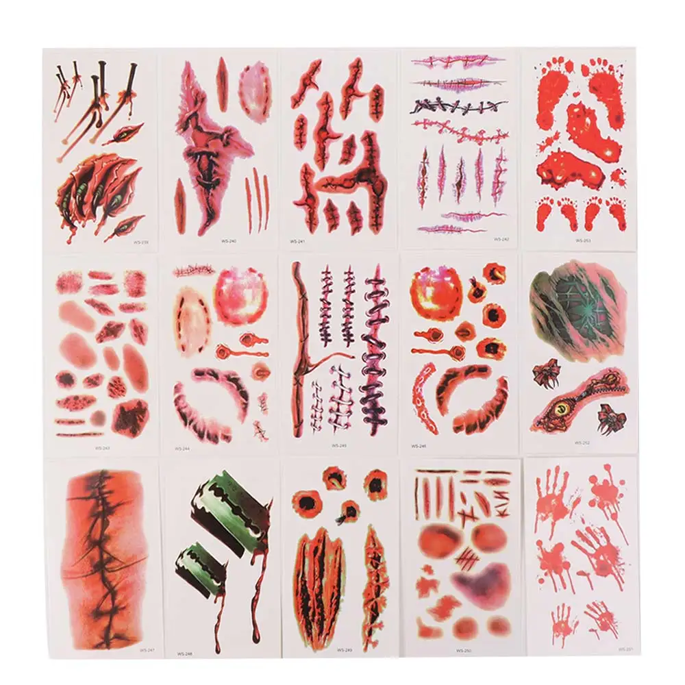 30Sheets Big Mouth Halloween Tattoo Stickers Waterproof Zombie Scar Tattoo Eye Decals Bloody Makeup Body Art Stickers Halloween