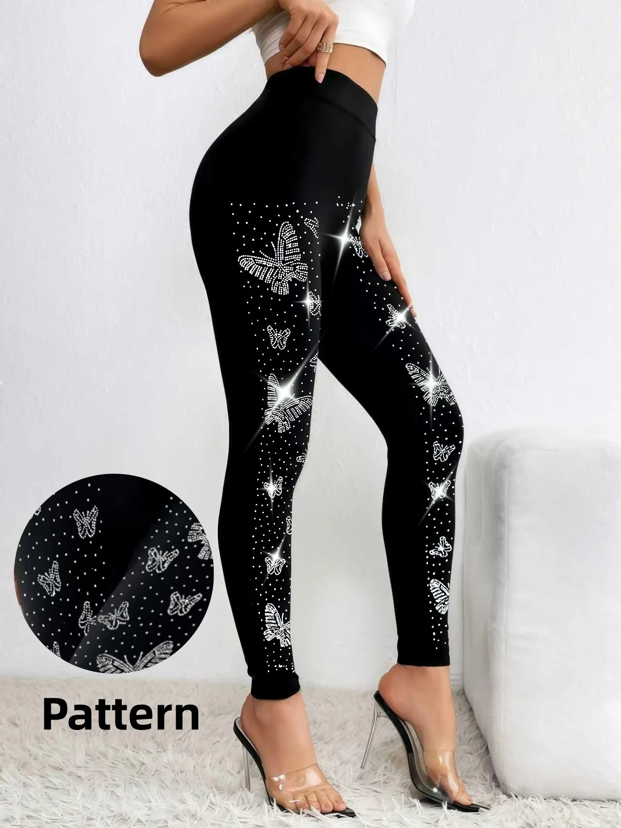 Women's High Waisted Rhinestone Butterfly Leggings Sparkly Crystal Bling Embellished Yoga Pants Sexy Slim Fit Tights Black 4