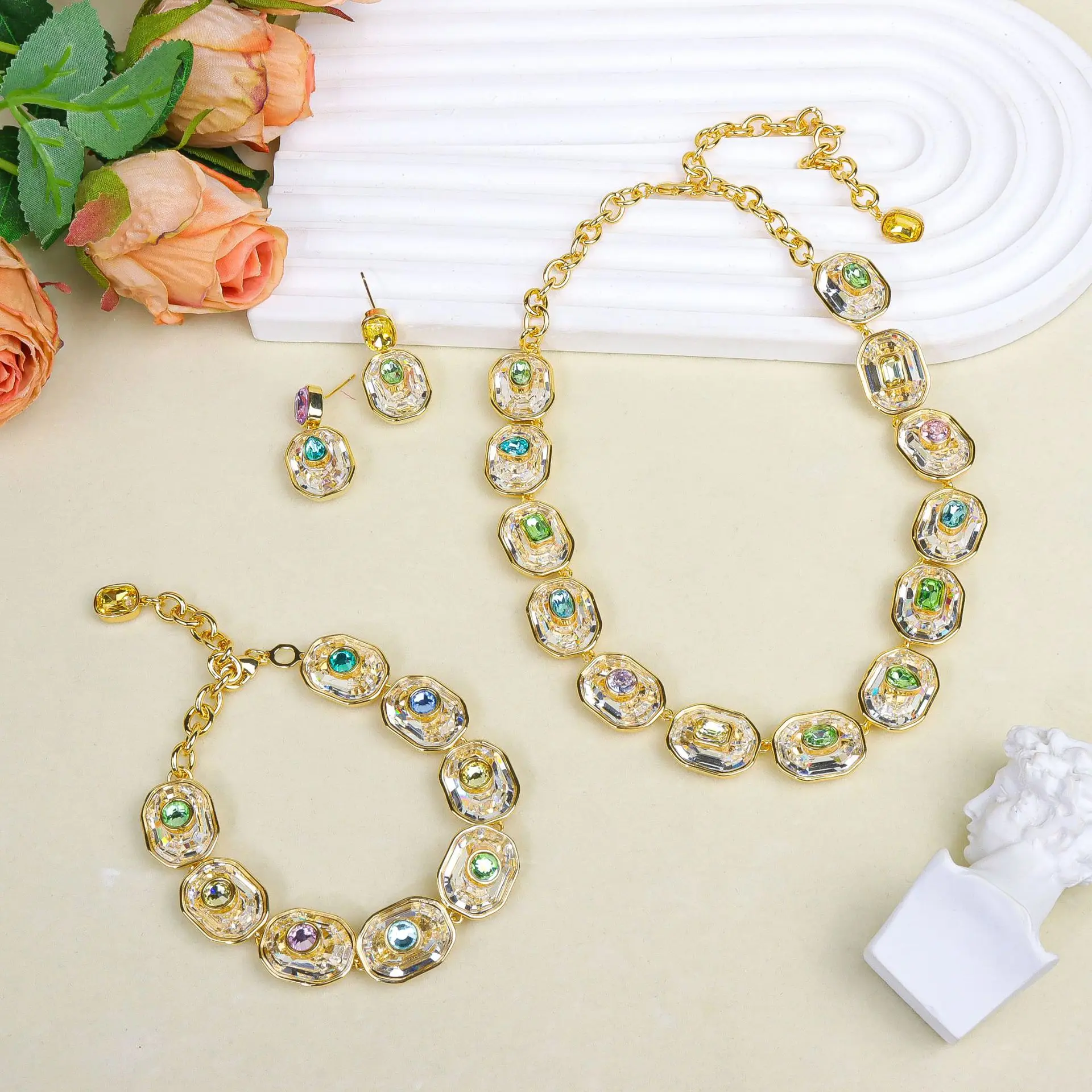 Women's Natural Crystal Powder Green Double-Sided Geometric Square Colorful Zircon Long Necklace, Earrings, and Bracelet Set 6