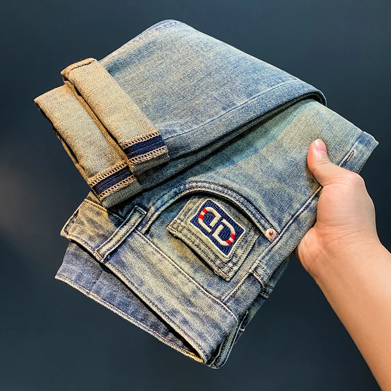 Ripped cropped jeans men's summer thin loose trendy slim fit harem light color High Street pencil pants retro pants