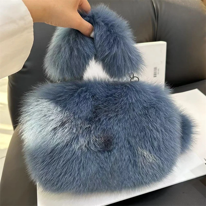 Temperament Women\'s Winter Fur Tote Luxury Fox Fur Fashion Small Square Bag Large Capacity Plush Shoulder Bag