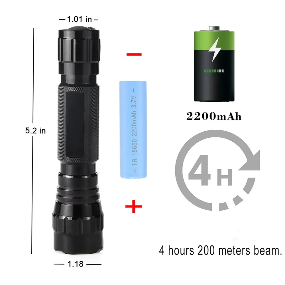 1200 Lumens Tactical Flashlight T6 Rechargeable Weapon Light Gun Light with Pressure Switch for Picatinny Rail 18650 Battery 3