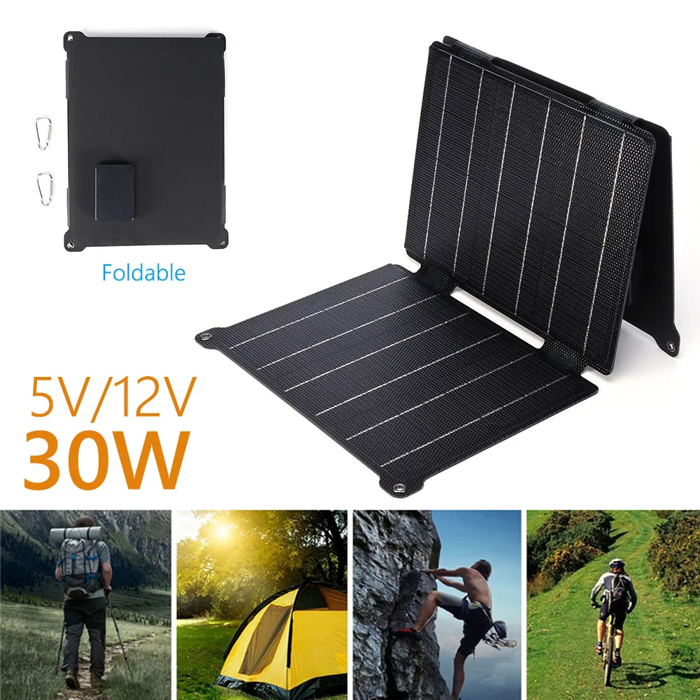 5V/12V Solar Cell Bank Pack with Carabiner Waterproof 30W Mobile Phone Power Bank Dual USB DC Ports ETFE Scratchproof for Hiking