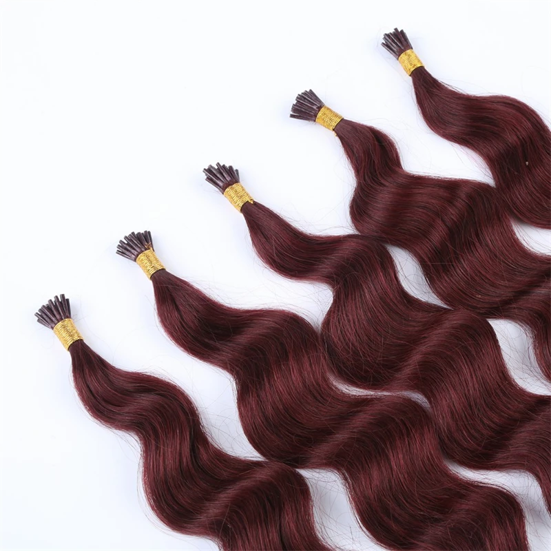 Deep Wave I Tip Hair Extensions 50pcs Keratin Fusion Microlink Hair Extensions Human Capsule Pre Bonded Stick #99J Burgundy