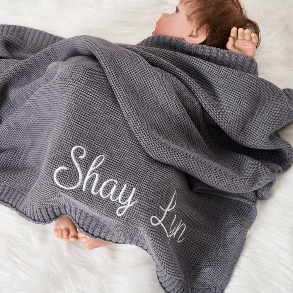 

Personalized Knitted Baby Blanket Baby Shower Newborn Gift Soft Blanket Embroidered Name Kids Cotton Nap Blanket Solid Color