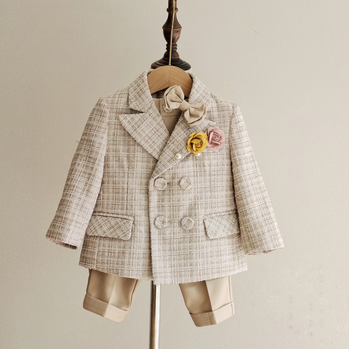 Formal Boys Suit Baby First Birthday New Year Party Wedding Suit Clothes Set Autumn Winter Thick Blazer Strap Pants Kids Dress