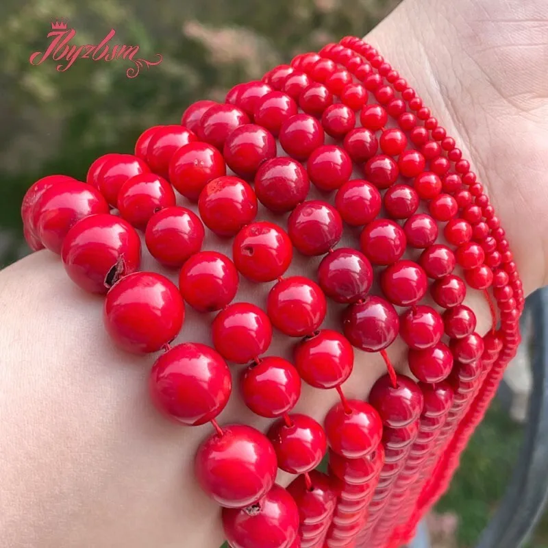 Natural Red Coral Round Shape Stone Beads Strand 15