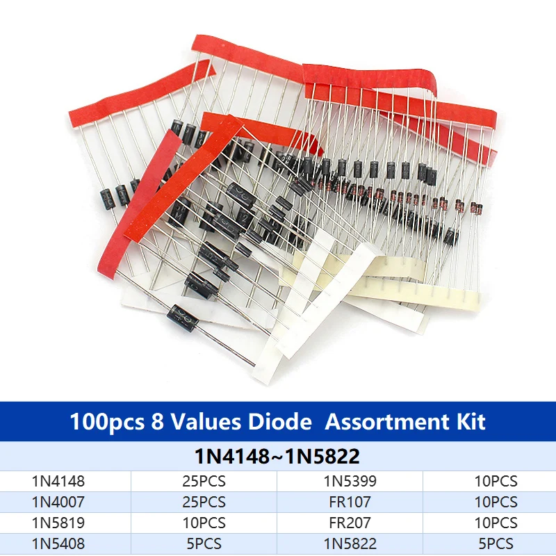 Diode kit 100/200PCS Rectifier Diode Schottky Diode Kit 1N4007 1N4148 1N5408 1N5819 1N5822 1N4001 1N4004 1N5404 FR107 FR207