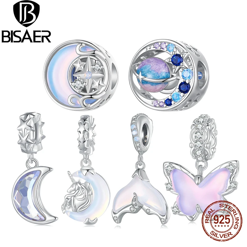 

BISAER 925 Sterling Silver Moon Starburst Charm Butterfly Unicorn Pendant Plated Platinum Fit Women DIY Bracelet Fine Jewelry