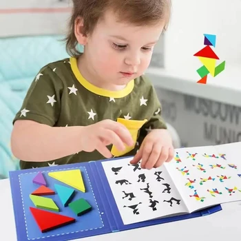 1Set Wooden Magnetic Tangram Puzzle Book Educational Toys For Children Baby Kid Portable Montessori Learning Intelligence 2