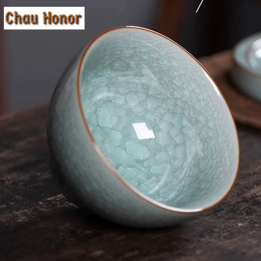 Handmade Longquan Celadon Teacup Elegant Ice Flower Ceramic Master Cup with Holder Set Personal Tea Bowl Jianzhan Teaware Gifts
