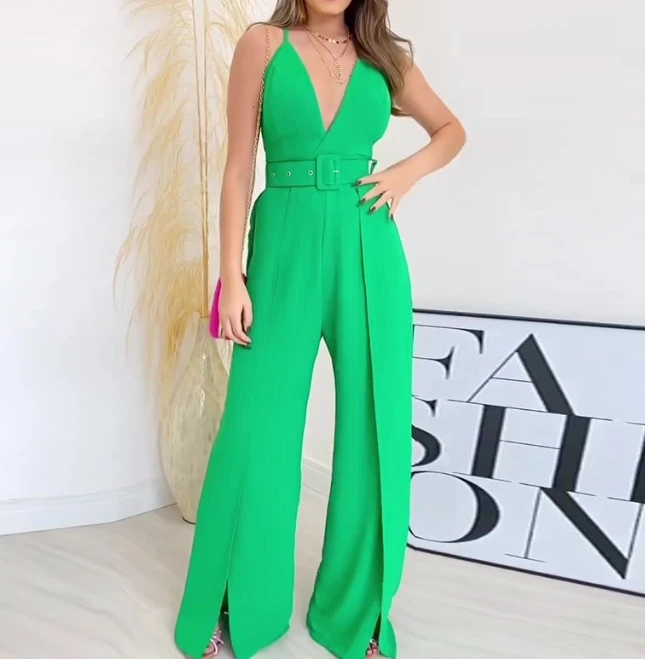 V-Neck Suspender with High Waistline and Open Hem, Wide Leg Pant Jumpsuit, New Hot Selling 2023 Fashion Women's Clothing