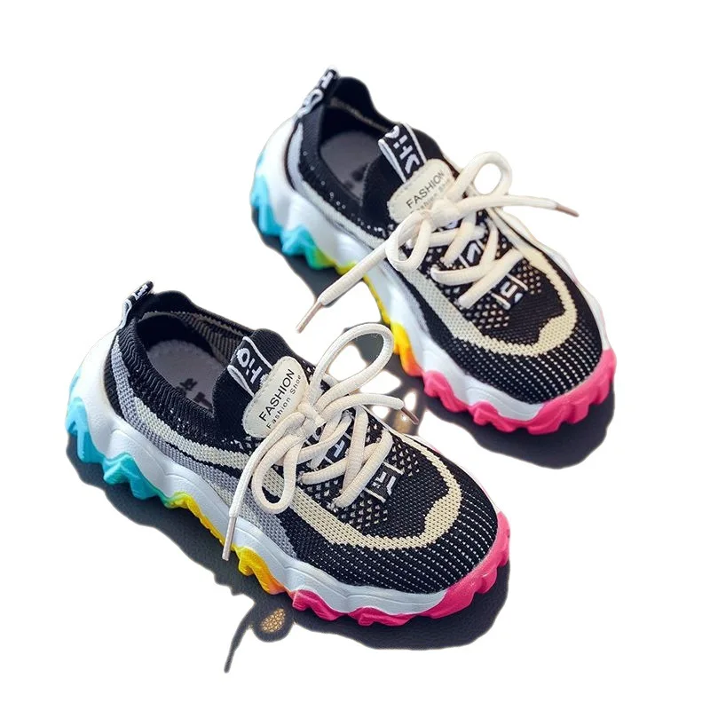 

Girl's Casual Sports Shoes Weaving Air Mesh Outdoor Light Running Sneakers Fashion Rainbow Sole Retro Old Dady Shoes Kid 26-37