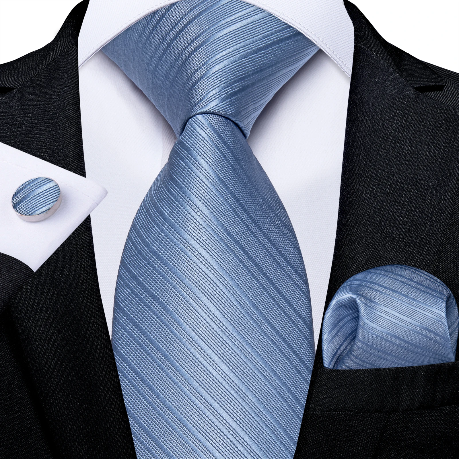 Light Blue Striped Mens Ties Hanky Cufflinks Set Silk Neck Ties For Men Wedding Party Business Tie Men Set DiBanGu neck tie pocket square