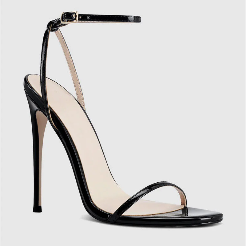 Summer Pointed Patent Leather One-line Foot Nude Lace-up Sexy Sandals Thin High-heeled Banquet Dress Large-size Women's Shoe