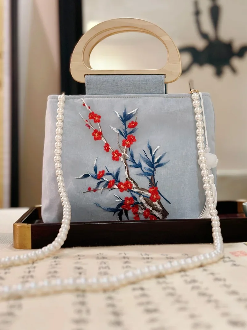 Embroidered Floral Handbag Simple Ancient Style Qipao Hanfu Bag Wooden Handle Pearl Chain Single Shoulder Diagonal Cross Bag