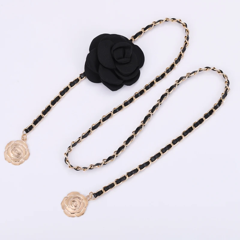 1pcs Camellia Flower Waist Chain Women's Decorative Accessory for Sweater Dress with Metal Chain and Large Flower Details, Adjus