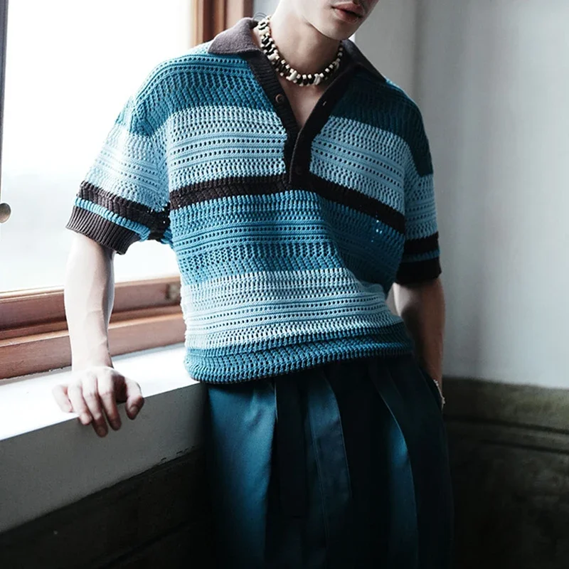 Streetwear Mens Knit Polo Shirts 2024 Summer New Fashion Patchwork Hollow Out Knitted Tops for Men Short Sleeve Breathable Polos 10 Se974b4db45b5478eaafe6af76db4b6520