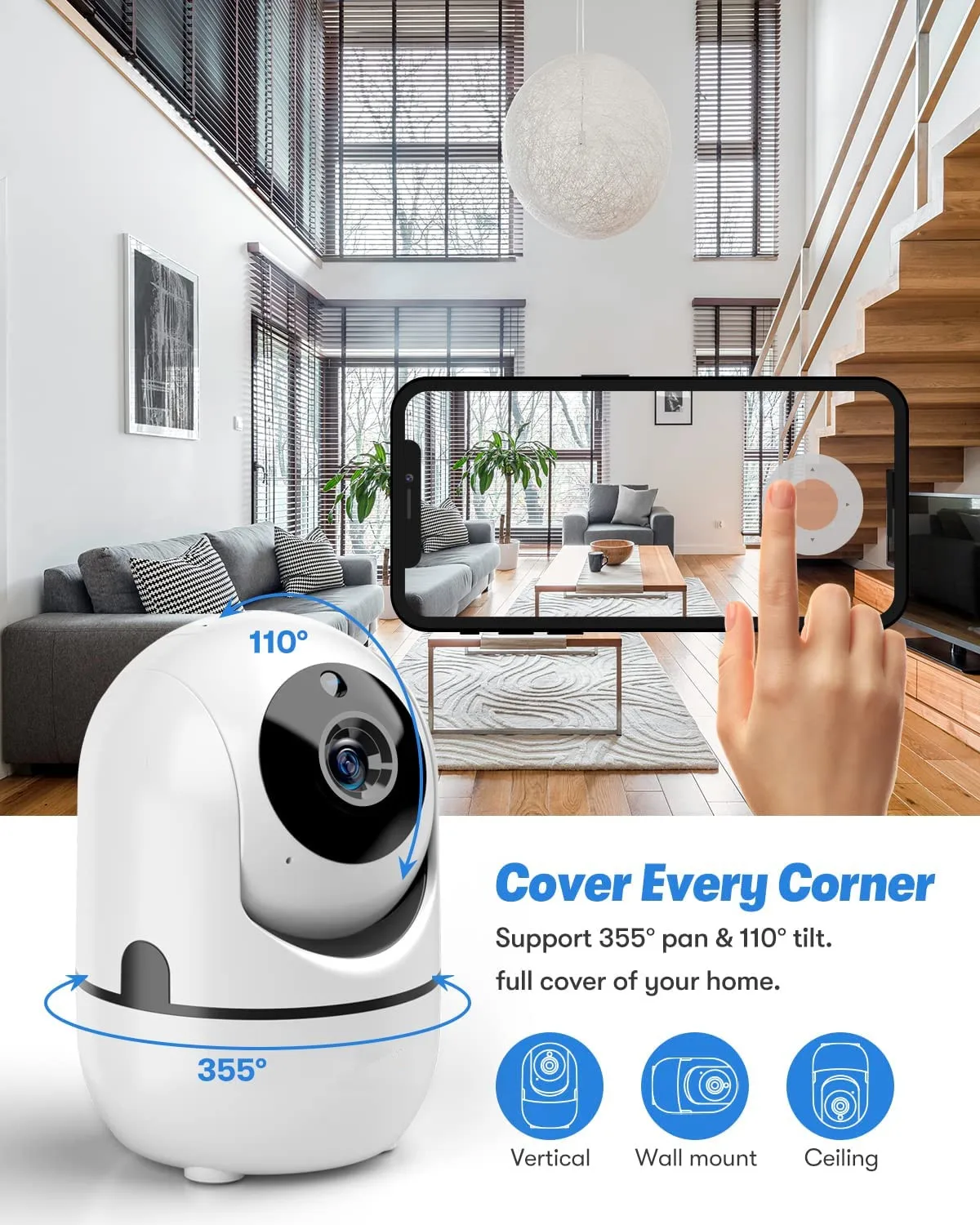 Mini câmera de vigilância IP sem fio, 360 CCTV, Pet Video, Baby Monitor, Smart Home, 1080P, 2MP