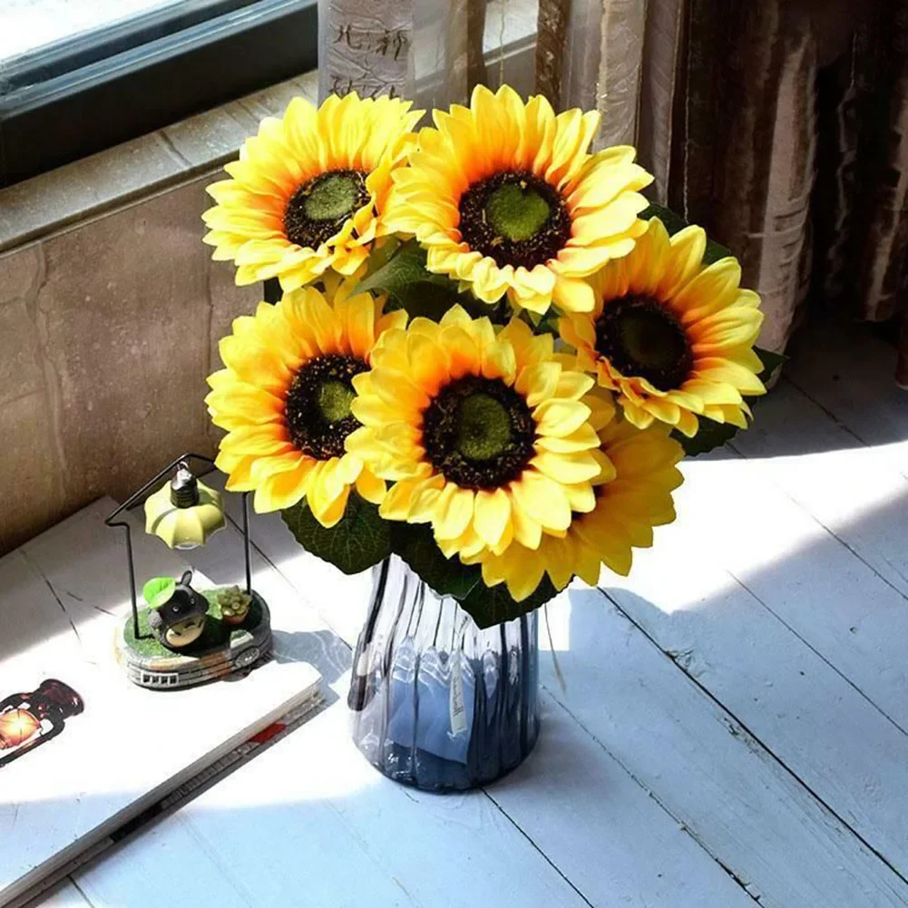 7 Heads Artificial Sunflower Flowers Bouquet Silks Flowers for Home Bridal Wedding Car Party Festival Gifts DIY Vase Decor