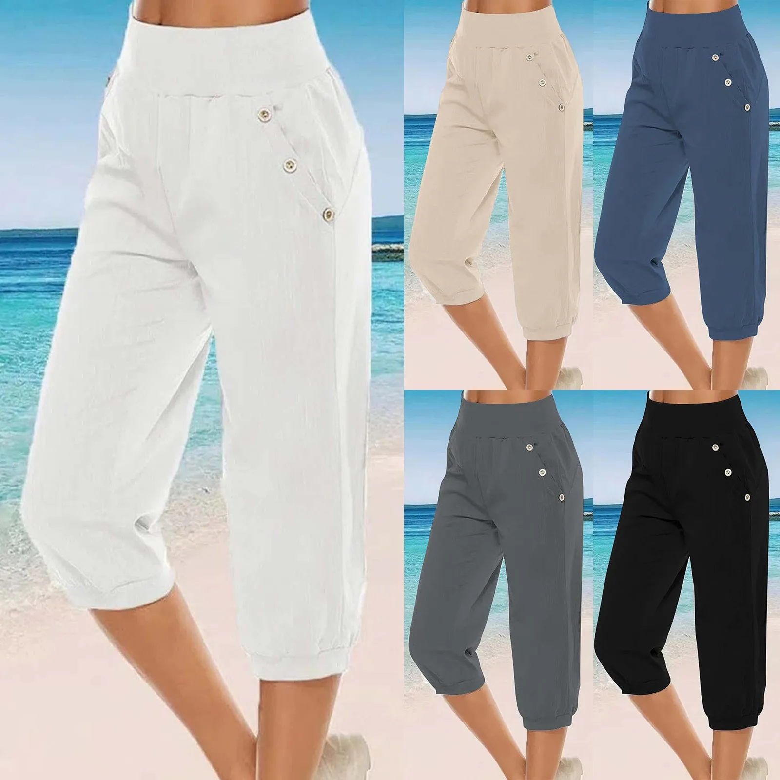 Easowa Old Money Style Women Spring/Summer Drawstring Waist Khaki Cropped Pants F | ChicGrl