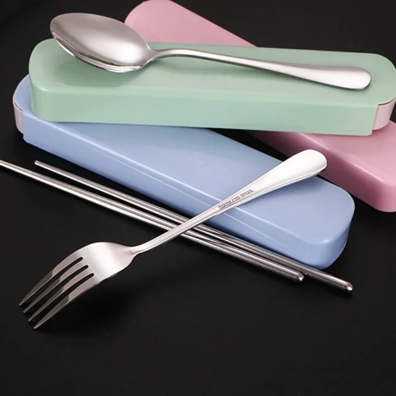 3PCS/Set Portable Travel Tableware Set Stainless Steel Dinnerware With Box Kitchen Fork Spoon Dinner Set For Kid School Cutlery