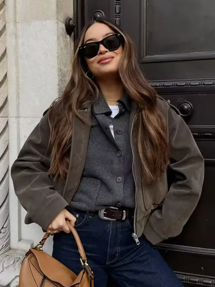 HH Women Fashion Solid Faux Suede Crop Coat Long Sleeve Lapel Zipper Jackets With Pockets Autumn Casual Office Lady Outerwear