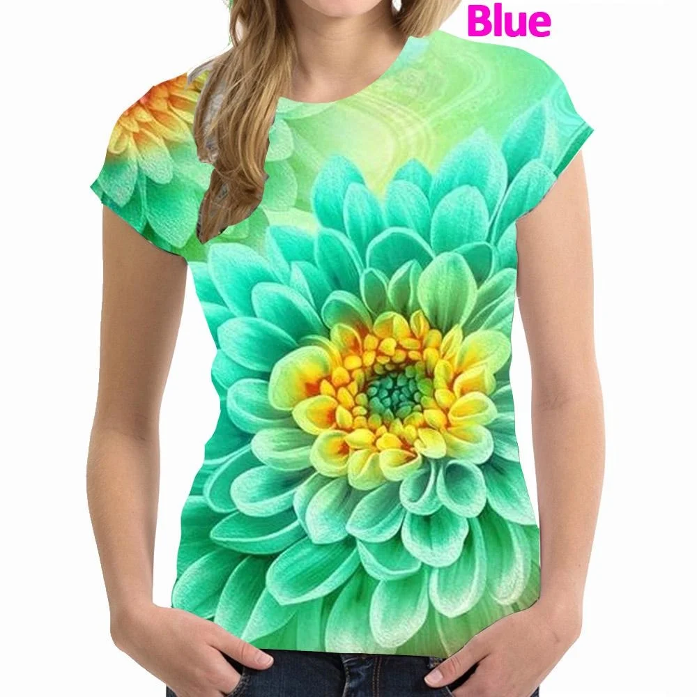 Womens Tops Femme Blouse Flower Print Short Sleeve T Shirt