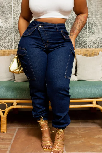 Plus Size Blue All Season Everyday High Waist Warm Skinny Jeans Women's Stretch Button Pencil Pants Mom Casual Pocket Work Jeans