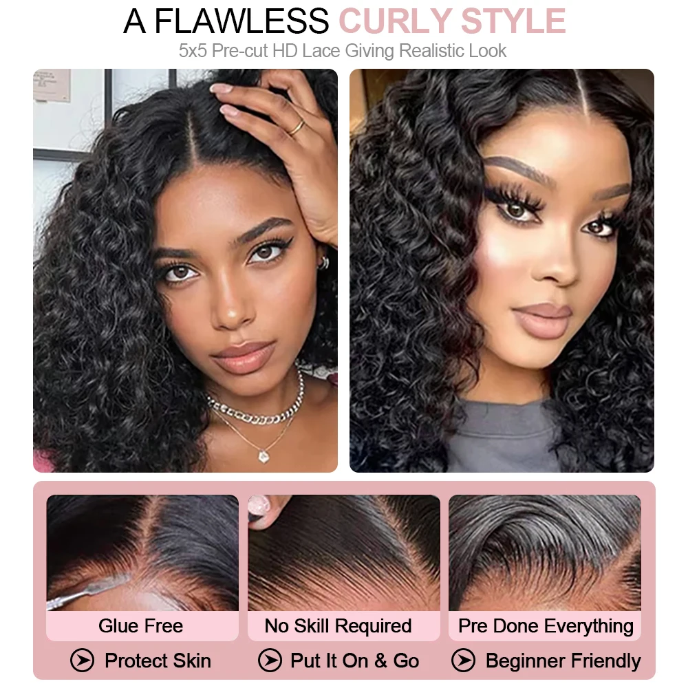 Glueless Deep Wave Short Bob Curly Human Hair Wig Brazilian 13x4 13x6 HD Lace Front Wig Wear and Go Pre Plucked For Black Women 4