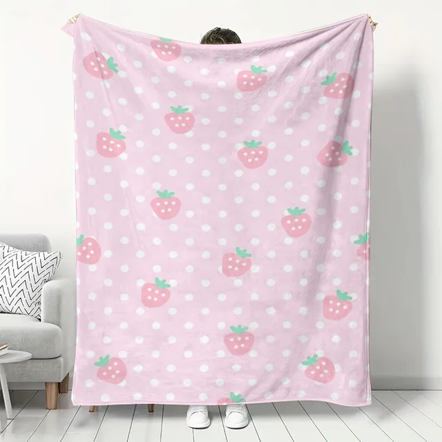 Pink Strawberry Print Flannel Blanket, Soft Warm Cozy Throw for Home Kitchen Sofa Camping Relaxation