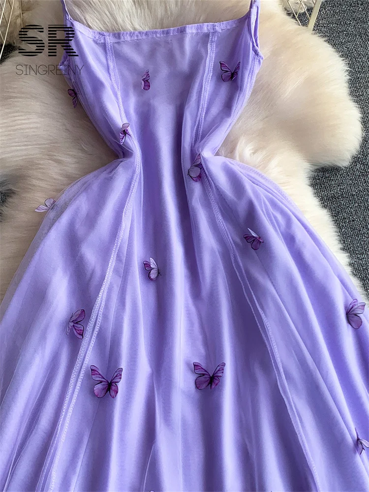 SINGREINY 3D Butterfly Mesh Dress Fairycore Sleeveless Backless Sling High Quality Summer Female French Romantic A-line Dresses 4