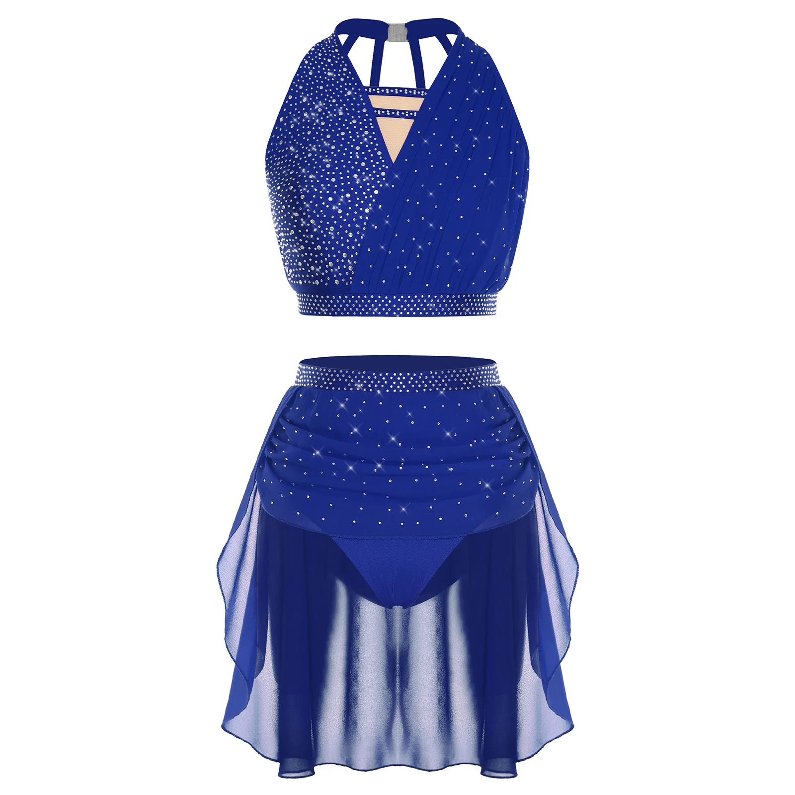 Damen Glänzendes Strass-Gymnastik-Kostüm für Eiskunstlauf, Lyrischen Tanz und Zeitgenössischen Ballett mit Crop Top und Rock – Detail 13