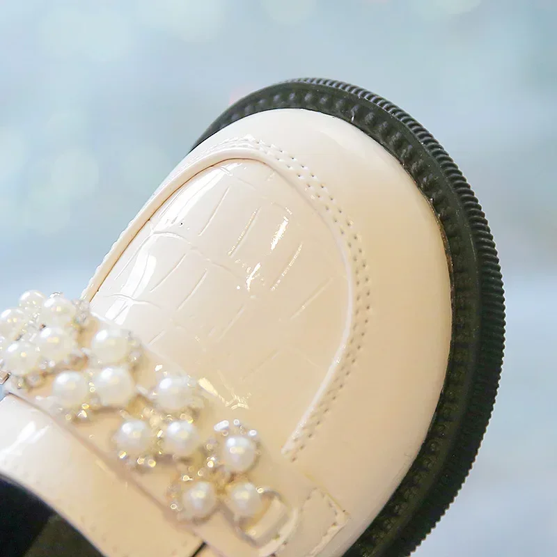 Kids PU Leather Shoes Spring Autumn Fashion Girls Pearls Casual Princess Flats Soft Loafers School Student Children Black Beige 6
