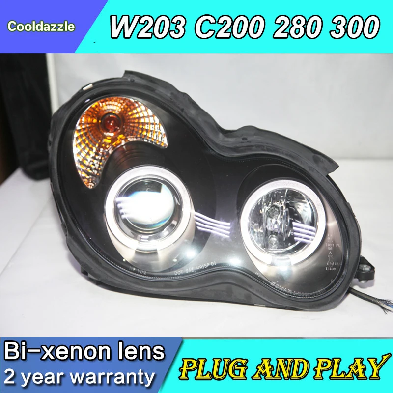 For Benz 2000-2007 Year W203 C63 C200 C230 C280 C300 LED Angel Eyes Car Head Lights Black Housing SN