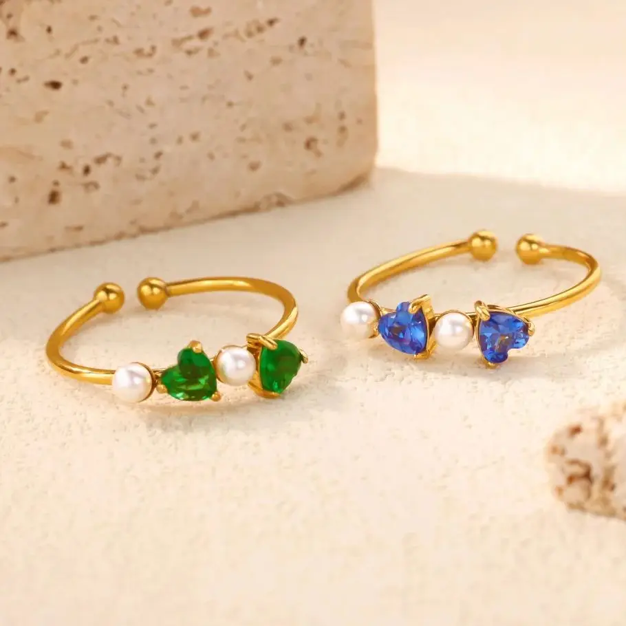 Green Zircon Double Heart Pearl Rings For Women