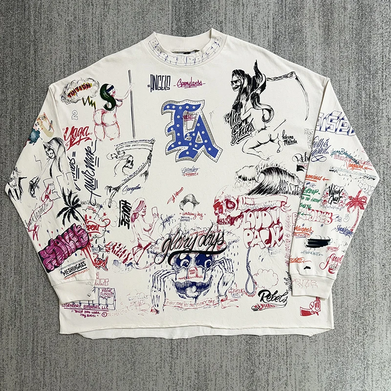 

Мужские и женские повседневные топы лучшего качества, футболка, винтажная хлопковая футболка с длинными рукавами и инкрустированными бриллиантами в стиле граффити