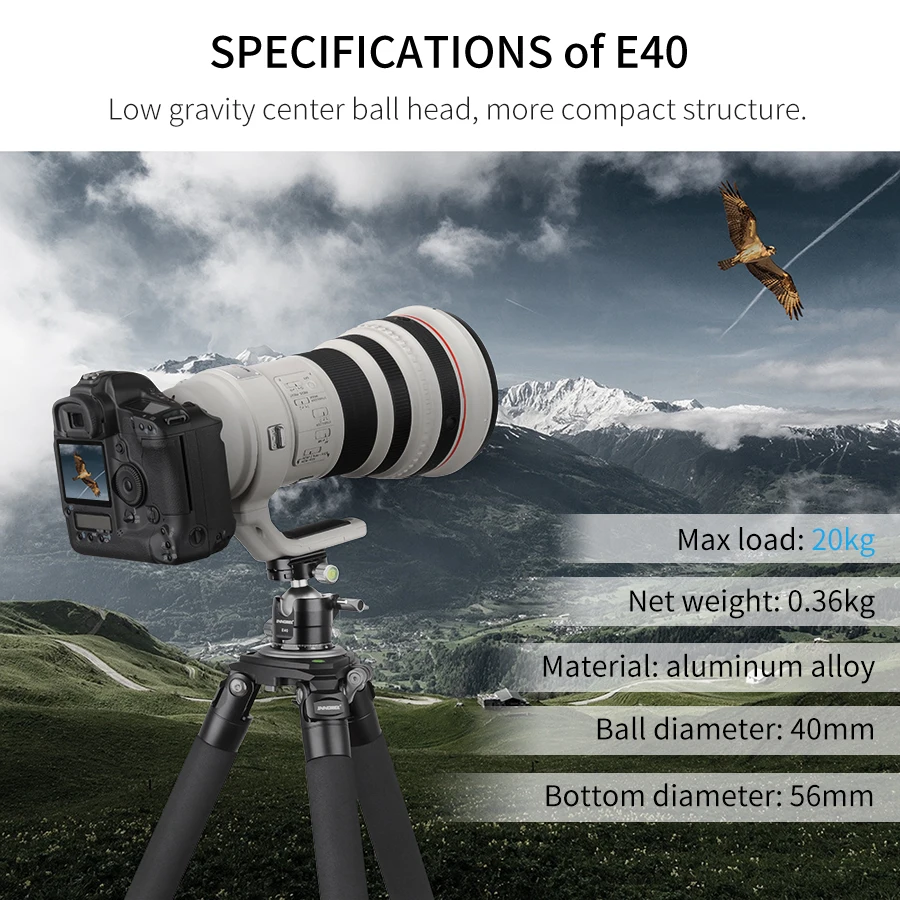 E34/E40 Professional Tripod Ball Head Low Profile Gravity Center Panoramic Ballh